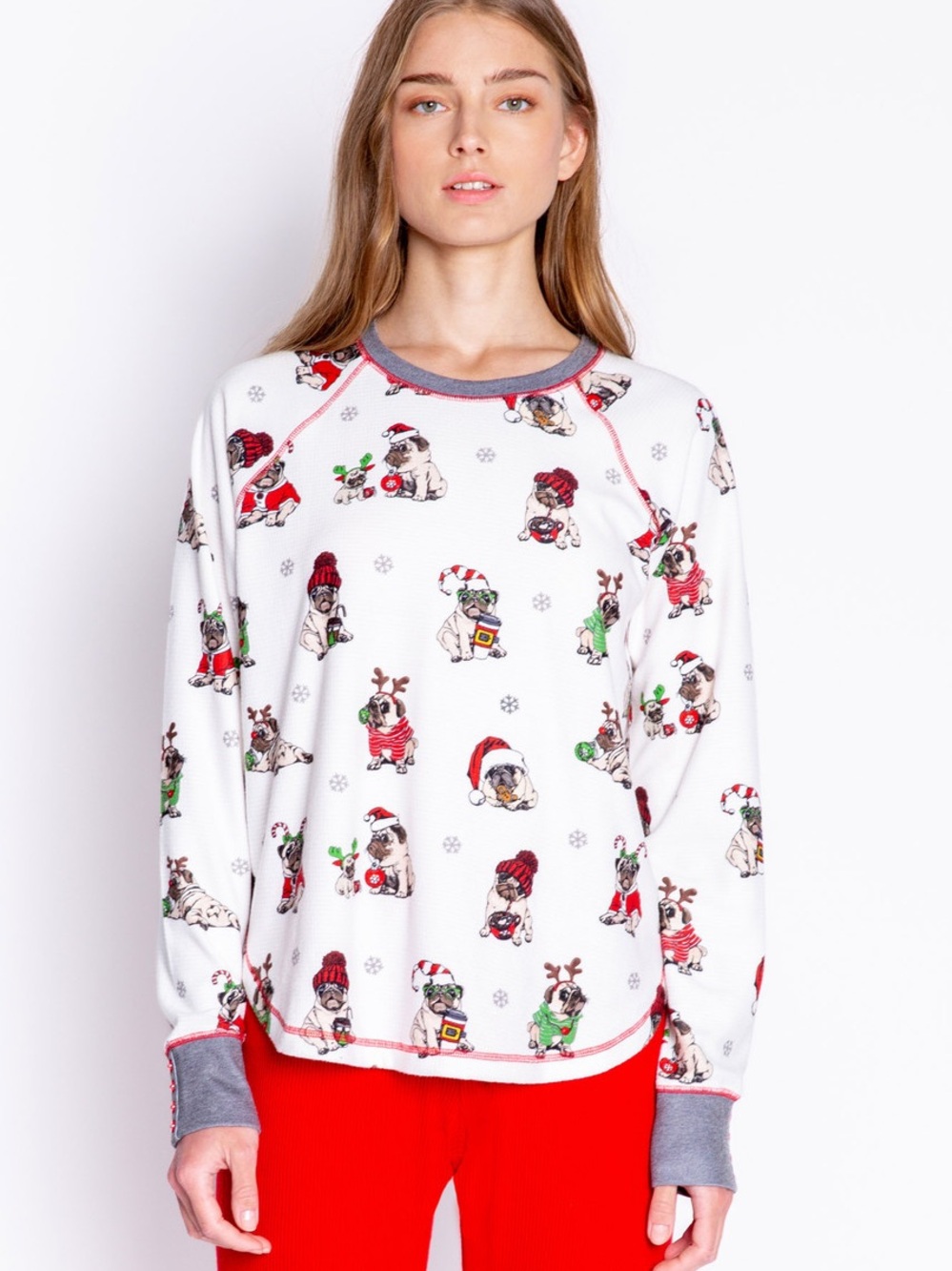 Pj Salvage Merry Puggin Christmas Thermal Pajama Top